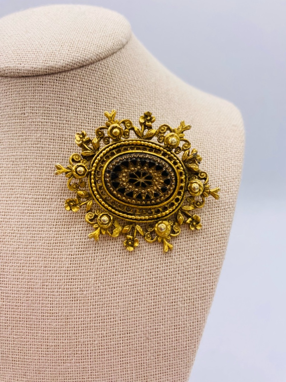 Vintage Victorian Revival Style Brooch Gold Tone Filigree Black Glass Center